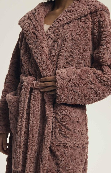 43592 Darlena Henderson Dusty Rose – Damenbademantel mit Kapuze, lang, weich, gemustert