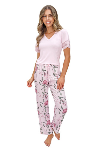 Damenpyjama Donna Gabriela Long Viskose Spitze V-Ausschnitt bequem