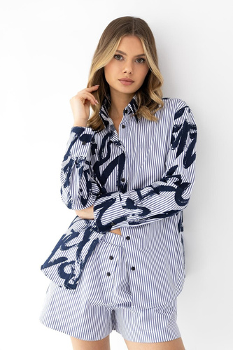 Damen Pyjama Hallie Baumwolle Streifen Knöpfe Langarm bequem