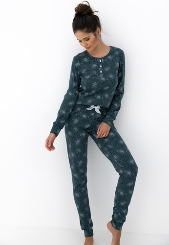 Ellison Damen-Pyjama Sensis, Grün - Baumwollpyjama mit langen Ärmeln und gerippten Bündchen