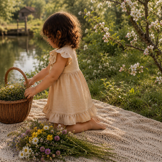 Mamatti SA50415 beige Musselin Kinderkleid leicht und luftig
