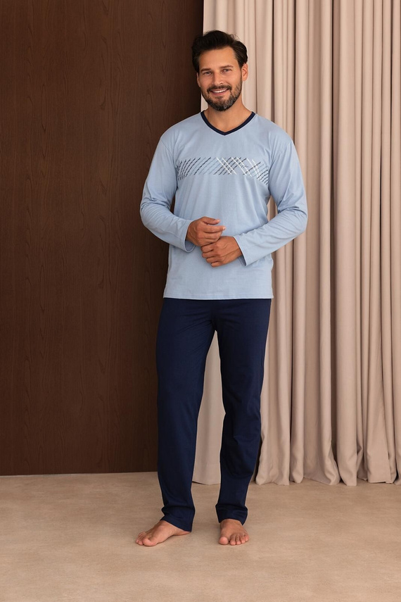 Herren-Pyjama Regina 6010 100% Baumwolle Langarm Bequem Für Ganzjährig Blau