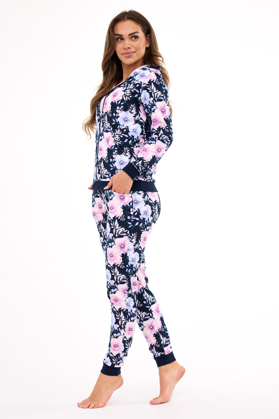 355/464 Maddie Cornette Damen-Pyjama – Marineblauer 3-teiliger Pyjama mit geblümtem Sweatshirt und Kapuze