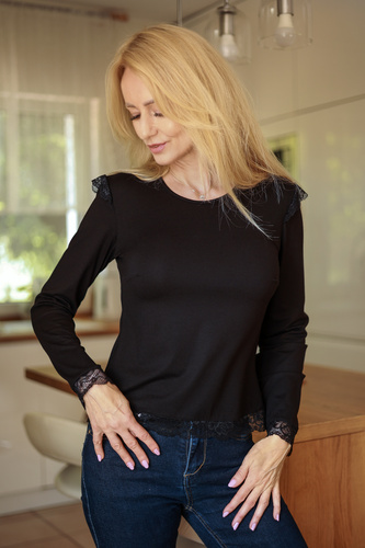 Mirale Ivy Damenbluse aus Viskose mit Spitze, elegant, langärmlig – schwarz