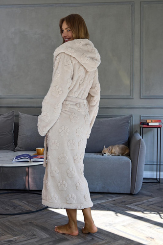 L&L Fibi 2635 Damen langer Bademantel mit Kapuze, weich, Hunde Pfoten - Angora