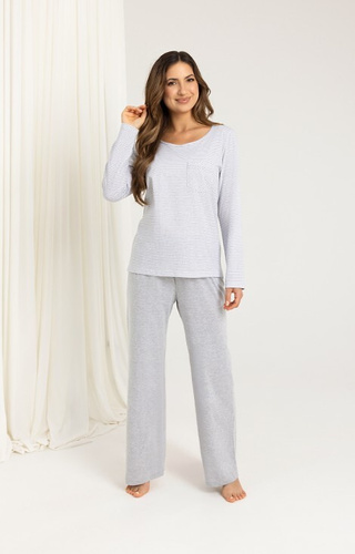 715 Regina Damenpyjama, grau – gestreiftes T-Shirt aus Baumwolle mit Tasche