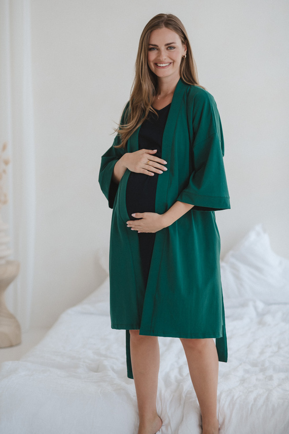 Umstandsbademantel Milk&Love, Flaschengrün – Baumwolle mit Elasthan, bequem, 7/8-Ärmel