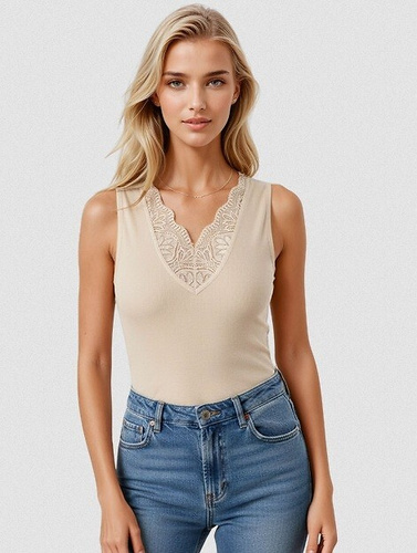 Damen Top Ovena Eldar aus Viskose mit Rippe und Spitze V-Ausschnitt