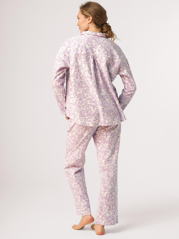 Damen-Pyjama Key LNS 406 ecru – Flanell 100% Baumwolle, Blumenmuster, Knöpfe