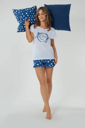 Raba Damen Schlafanzug mit kurzen Ärmeln, Shorts Italian Fashion - weiß/blauer Druck