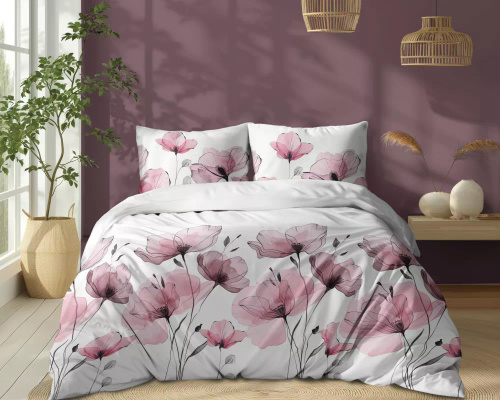 5496 B Weiße Baumwollbettwäsche mit aquarellrosa Blumen Naturalis – Detexpol