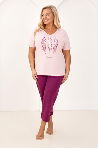 Damen Pyjama Regina 742 aus 100% Baumwolle – Kurzarm-Shirt mit V-Ausschnitt und Print, 3/4 Hose, Atmungsaktiv & Bequem