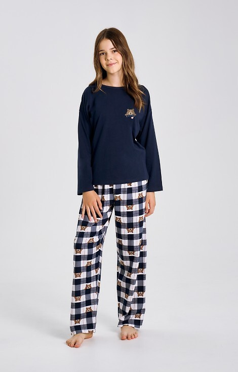 3503 Astrid Taro Mädchenpyjama, Marineblau – Baumwolle, bedruckt, karierte Hose