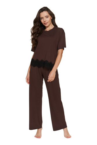 Damen-Pyjama Doctor Nap 7536 Chocolatte aus Viskose, lang mit Spitze