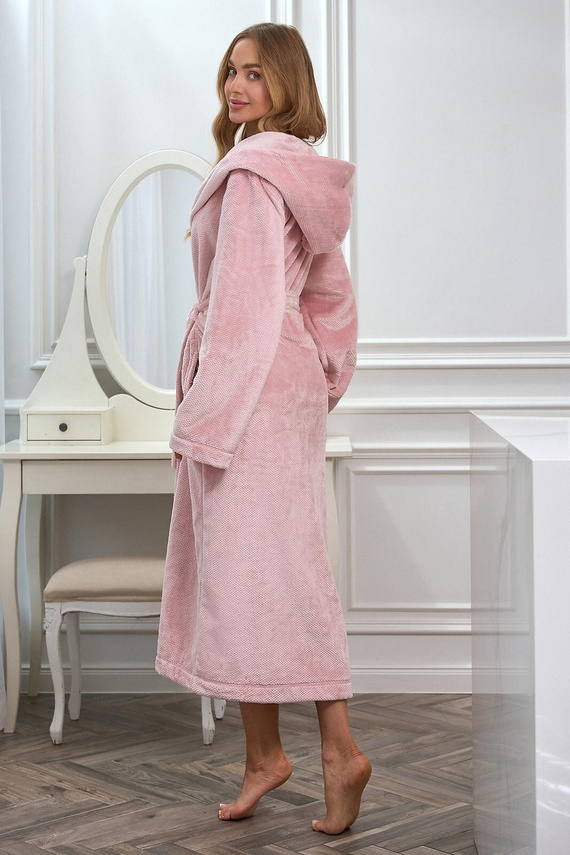 L&L 2602 Honey Damen langer Bademantel mit Kapuze, weich, zum Binden, puderrosa