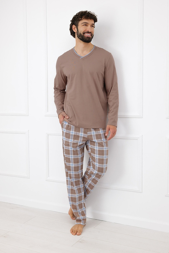 Italian Fashion Dante Herren Baumwoll-Pyjama Lang Kariert Hose - Cappuccino