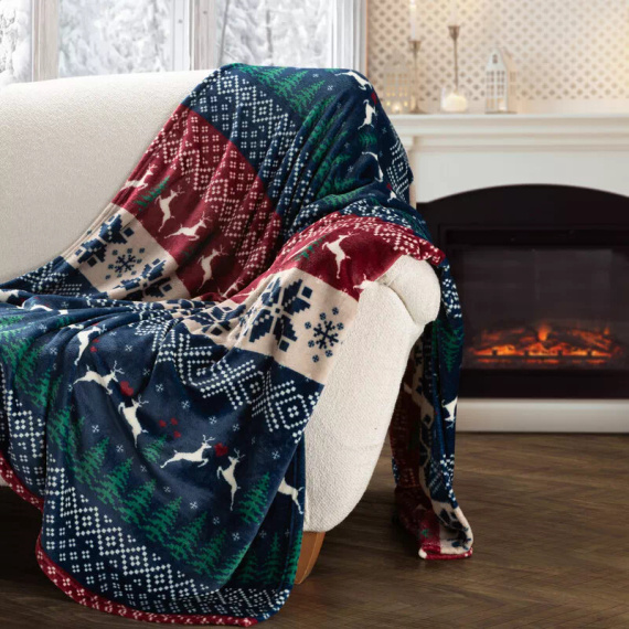 Eurofirany Weihnachtsdecke, Marineblau und Rot mit skandinavischem Muster – weicher Überwurf aus Mikrofaser, 240 g/m²