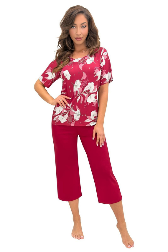 Damen-Pyjama Donna Brigitte Bordeaux Viskose Kurzarm 3/4-Hose