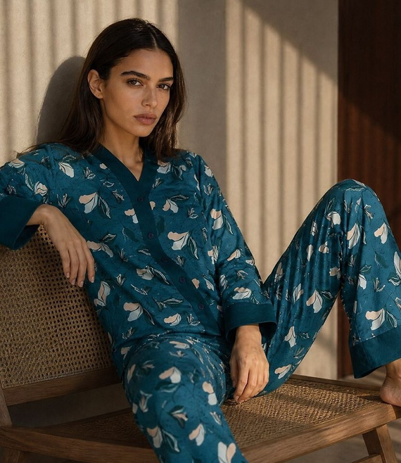 Damen-Pyjama Cornette 514/509 Virginia Blau 100% Baumwolle mit Knöpfen