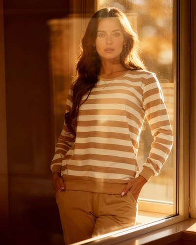 635/467 Cornette Molly 2 Damenpyjama | Gestreifte Hose aus Baumwolle in Ecru mit Taschen