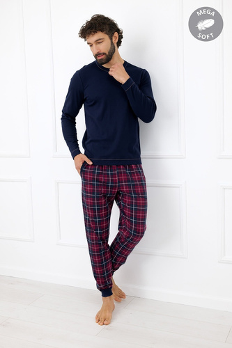 Italian Fashion Brajan Herren-Pyjama Mega Soft, lang, kariert-hose, marineblau
