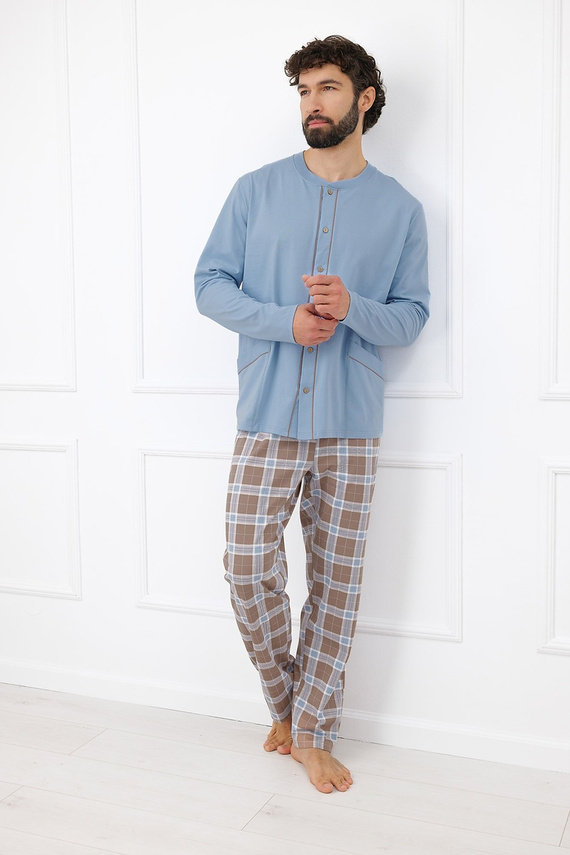 Italian Fashion Wilhelm Herren-Pyjama 100% Baumwolle Knöpfe Kariert - Cappuccino