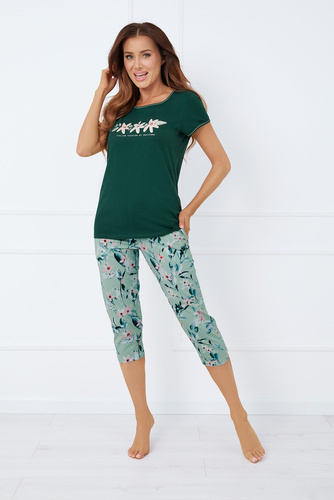 Florisa Damen Schlafanzug mit kurzen Ärmeln, 3/4 Hose Italian Fashion - dunkelgrün/print
