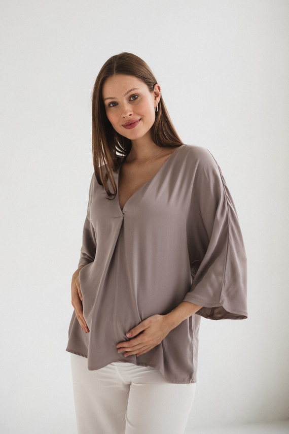 Mamafullness Milk&Love Umstands-Stillbluse, Beige – Viskose, 3/4 Ärmel, Übergröße