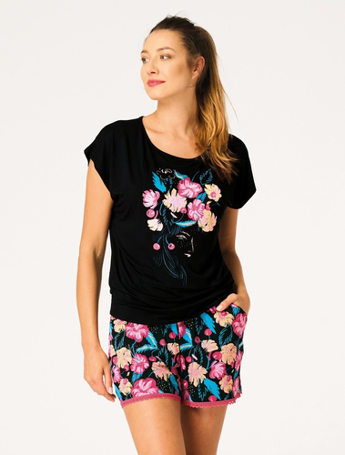 Damen Pyjama Key LNS 560 Schwarz – Bambus, kurz, Spitze