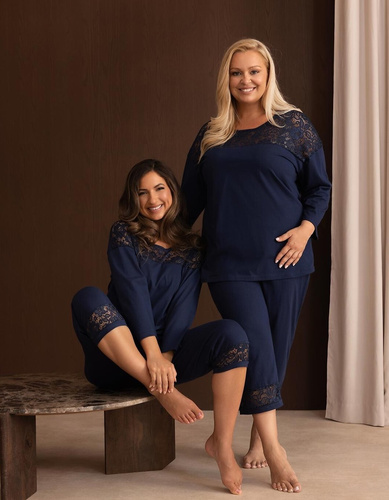 Damen-Pyjama Regina 4014 100% Baumwolle Spitze Langarm 3/4 - marineblau