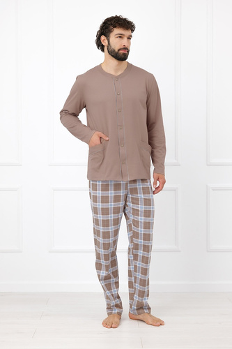 Italian Fashion Wilhelm Herren-Pyjama 100% Baumwolle Knöpfe Kariert - Cappuccino