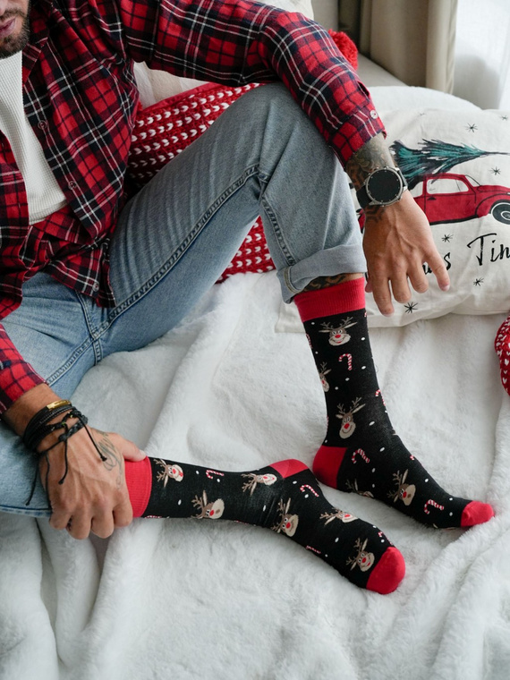 1290-029 Milena Herren-Weihnachtssocken Schwarz – Rentier | Zuckerstangen, Baumwolle