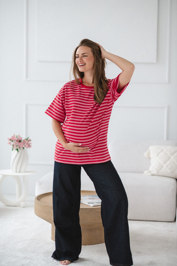 Mamahood Milk&Love Schwangerschafts- und Still-T-Shirt, rot-rosa gestreift – bequem und stilvoll