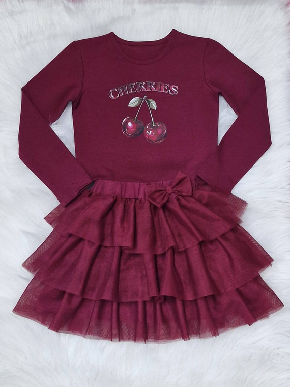 Burgunderrote Mädchenbluse Cherries Bambarillo – Baumwolle, lange Ärmel, mit Aufdruck