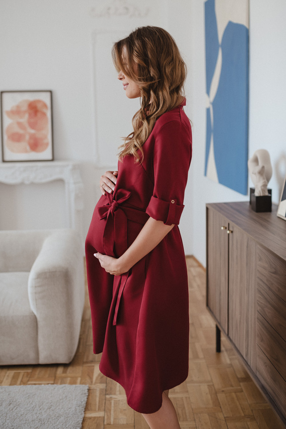 Umstands- und Stillkleid aus Modal, midi, mit Druckknöpfen und Gürtel, Milk&Love Polska – bordeaux