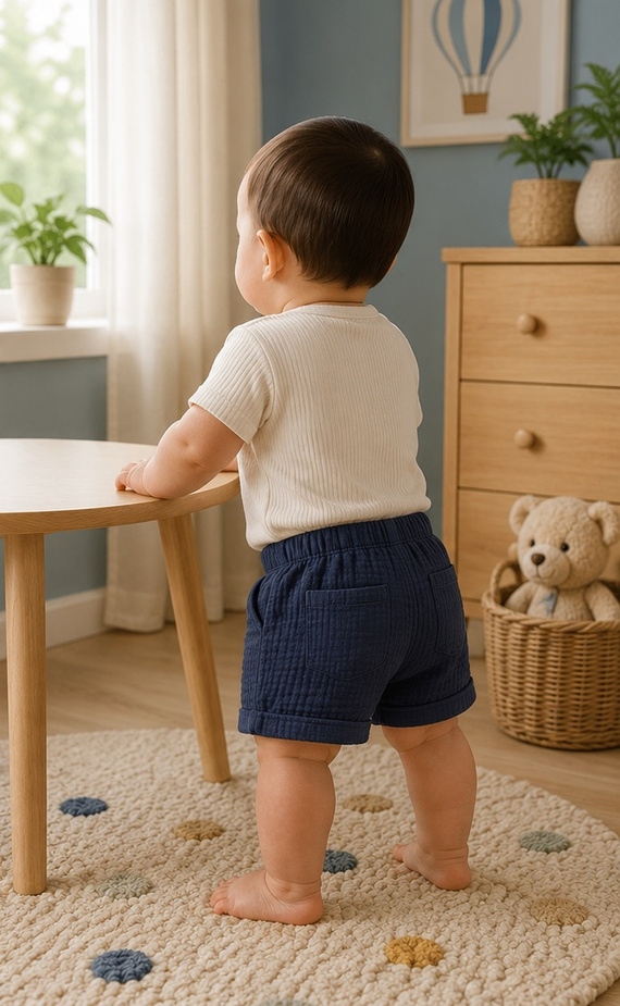 SZ55305 Mamatti marineblaue Musselin-Shorts mit Taschen und Knöpfen für den Sommer