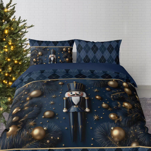 5823 A Weihnachts-Baumwollbettwäsche Christmas Dreams Detexpol marineblau mit Nussknacker – Weihnachtsset aus 100 % Baumwolle