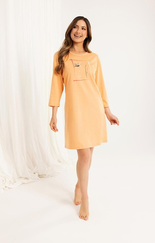 166 Damenhemd aus aprikosenfarbener Baumwolle – 3/4-Ärmel, bedruckt, knielang