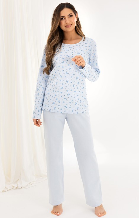 717 Regina Damenpyjama, blau – warme Baumwolle, lange Ärmel, Blumen