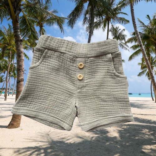 SZ55307 Mamatti graue Musselin-Shorts mit Taschen und Knöpfen für den Sommer