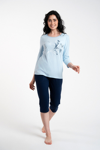 Arietta Damen Schlafanzug 3/4 Ärmel und 3/4 Hose Italienische Mode - blau