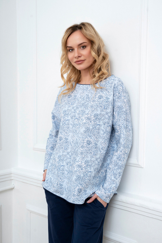 Gracjela Damen Schlafanzug langarm, lange Hose Italian Fashion - blau/grüner Druck