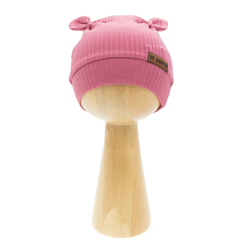 216054 Lala Nicol Mütze – gerippte Baumwolle mit Elasthan, Ohren und Be Happy-Aufnäher