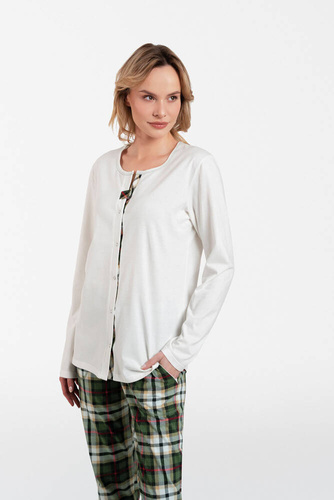 Asama Unbuttoned Ladies' Pyjamas lange Ärmel, lange Hosen Italian Fashion - ecru/print