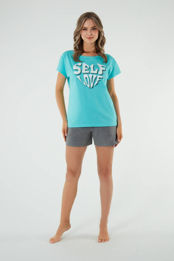 Selfie Damen Kurzarm-Pyjama, Shorts Italian Fashion - türkis/melange