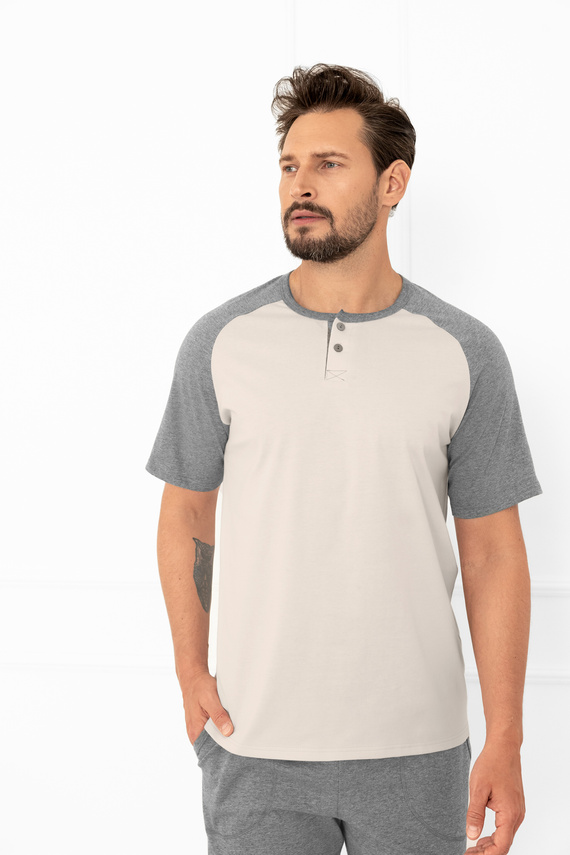 Alexander Italian Fashion Herren Schlafanzug beige - Baumwolle, Poloshirt und Hose