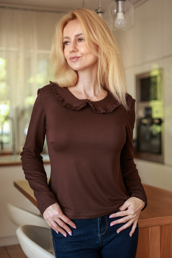 Mirale Anna Damenbluse aus Viskose mit Rüsche und Kragen - braun