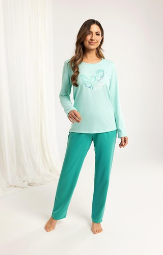 705 Regina Damenpyjama, grün – Baumwolle, lange Ärmel, lange Hose