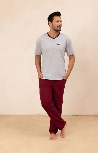 498 Herren-Pyjama aus Baumwolle Regina, Grau – T-Shirt mit V-Ausschnitt + lange Hose