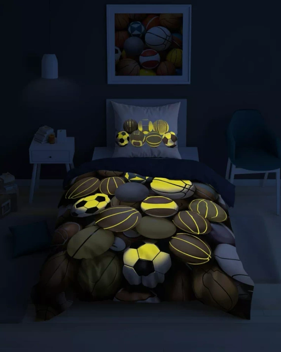 5552 A Fluo 95 Nachtleuchtende Bettwäsche-Mischung aus Sportbällen | 100 % Baumwolle | Für Kinder Detexpol